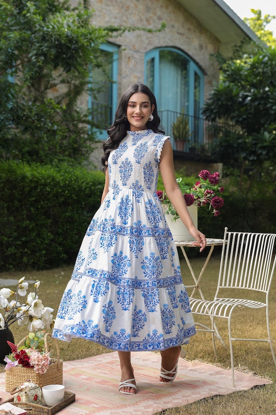 Hand Block Printed Cotton Dress | Blue Floral Midi, Handmade in India A  Line Dress - Etsy UK