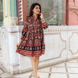 Hand Block Printed Dress| Summer Dress|Red Black Kalamkari dress|Jaipuri Print Cotton floral Kurti| Handmade in India|Knee length,3/4th slee