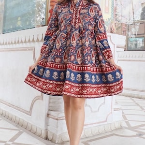 Hand Block Printed Dress| Summer Dress|Blue Red Kalamkari dress| Jaipuri Print Cotton floral Kurti| Handmade in India|Knee length,3/4th slee