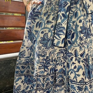 Hand Block Printed Dress Summer Midi Dress Cotton Floral Dress White & Blue Dress Handmade in India Dress with pockets,belt image 3