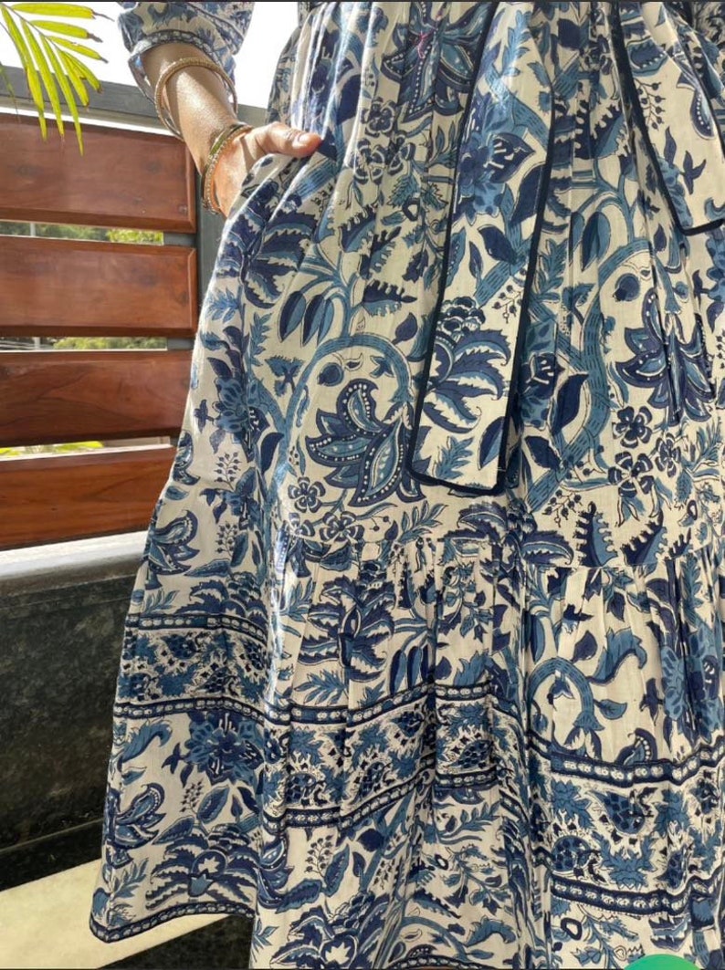 Hand Block Printed Dress Summer Midi Dress Cotton Floral Dress White & Blue Dress Handmade in India Dress with pockets,belt image 3