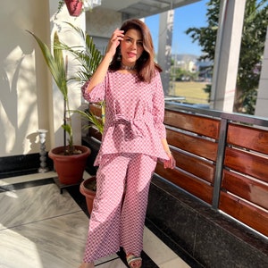 Handblock Print Cotton 2pc set | Co-ord set Women|Block print Top and pant set| Indian Cotton Loungewear Set | Womens matching set cotton