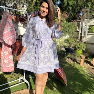 Hand Block Printed Dress | Summer Short Dress | Cotton Floral Dress | White & light Purple Dress| Handmade in India | Mini Dress with belt