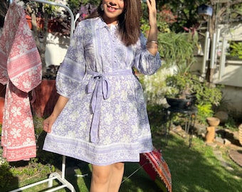 Hand Block Printed Dress | Summer Short Dress | Cotton Floral Dress | White & light Purple Dress| Handmade in India | Mini Dress with belt