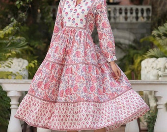 Jurk met handblokprint| Zomerjurk| Witte en roze jurk| Katoenen A-lijnjurk met bloemen|Etnisch motief Midi-jurk Handgemaakt in India