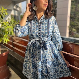 Hand Block Printed Dress | Summer Short Dress | Cotton Floral Dress | White & Blue Dress| Handmade in India | Dress with collar,belt