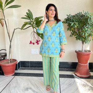 Hand Blockprint Cotton 2piece set,Blue Green cotton Kurti Pant set Jaipuri Print Indian Cotton Loungewear Set Womens co-ord kurti set image 5