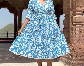 Hand Block Print Cotton Midi Dress | Floral V-Neck Spring Summer Dress