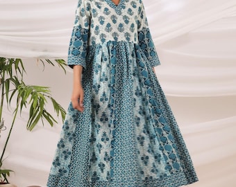 Hand Block Printed Cotton Midi Dress, Green Floral Ethnic A-Line