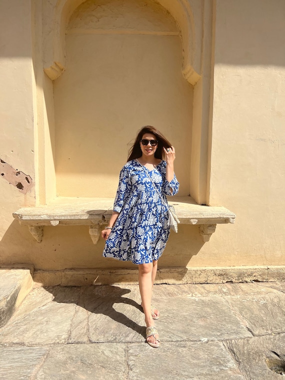 Floral Rayon Dress | Blue & White Jaipuri Print, Handmade Indian Dress Knee Length - Etsy Israel Floral Rayon Dress | Blue & White Jaipuri Print, Handmade Indian Dress Knee Length - Etsy Israel