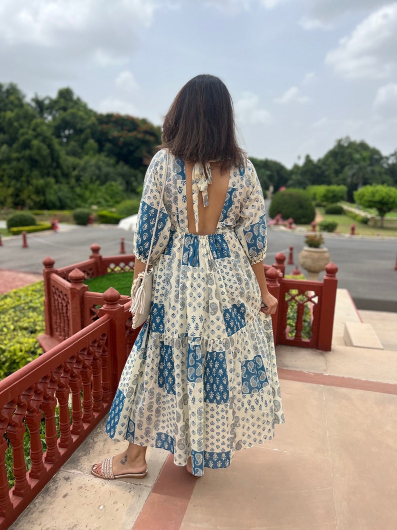 Hand Block Printed Dress Jaipuri Print Dress Cotton Floral DressWhite & Blue DressHandmade in IndiaDress with adjustable ties,open back image 2