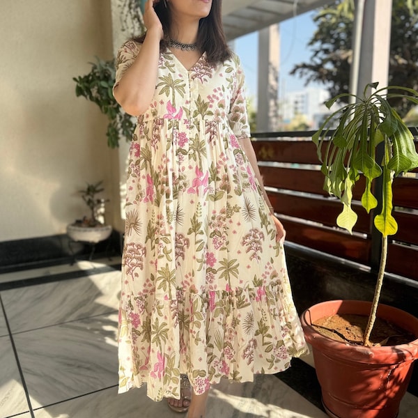 Hand Block Printed Dress Summer Midi Dress Cotton Tier Floral Dress White & Pink Dress Fit Flare Handmade in India Dress with pockets,v neck