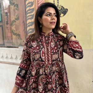 Hand Block Printed Dress Summer DressRed Black Kalamkari dressJaipuri Print Cotton floral Kurti Handmade in IndiaKnee length,3/4th slee image 4