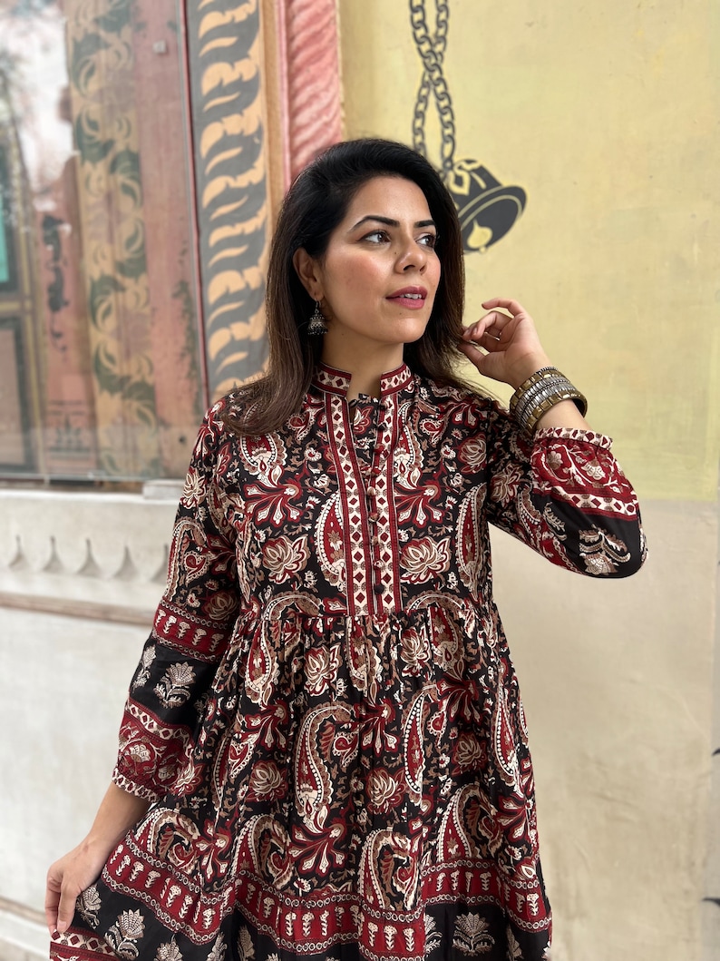 Hand Block Printed Dress Summer DressRed Black Kalamkari dressJaipuri Print Cotton floral Kurti Handmade in IndiaKnee length,3/4th slee image 4