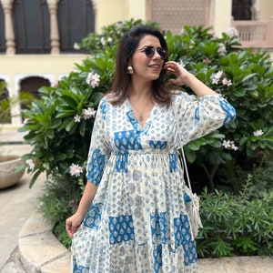 Hand Block Printed Dress Jaipuri Print Dress Cotton Floral DressWhite & Blue DressHandmade in IndiaDress with adjustable ties,open back image 5