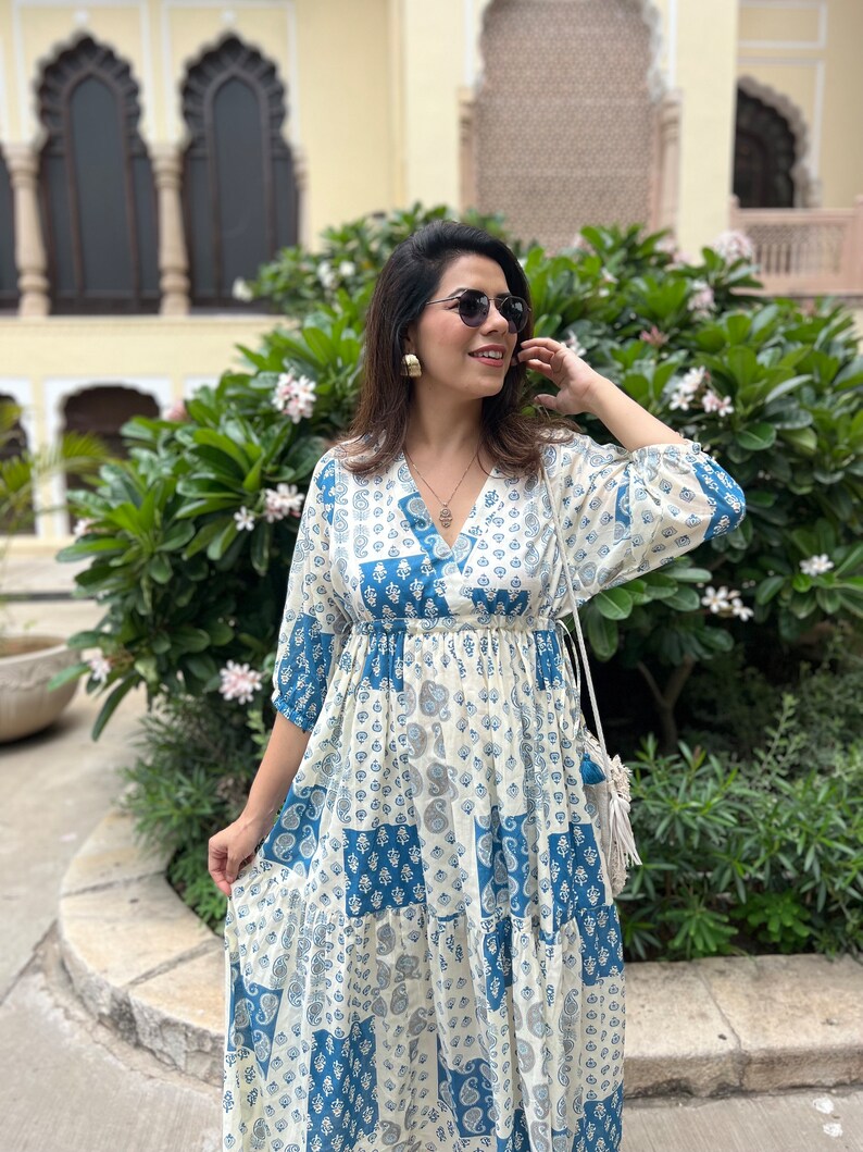 Hand Block Printed Dress Jaipuri Print Dress Cotton Floral DressWhite & Blue DressHandmade in IndiaDress with adjustable ties,open back image 5