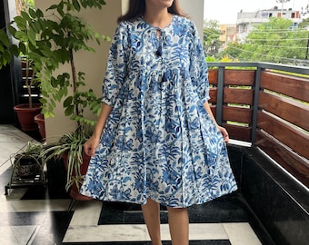 Hand Block Printed Dress|Summer Dress| White & Blue Knee lengthdress|Cotton floral dress A line Dress,tie-up neck,Handmade in india