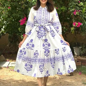 Vestido midi de algodón estampado a mano / Vestido floral de primavera-verano