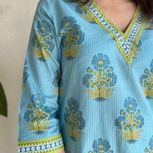 Hand Blockprint Cotton 2piece set,Blue Green cotton Kurti Pant set Jaipuri Print Indian Cotton Loungewear Set Womens co-ord kurti set image 6