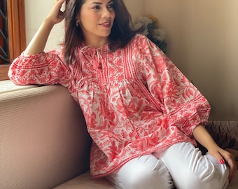 Haut floral corail imprimé bloc| Manches 3/4ème Boho, manches bouffantes| bloc manuel Kurti | nouer le cou, kurta mi-longue | Blouse femme indienne en coton