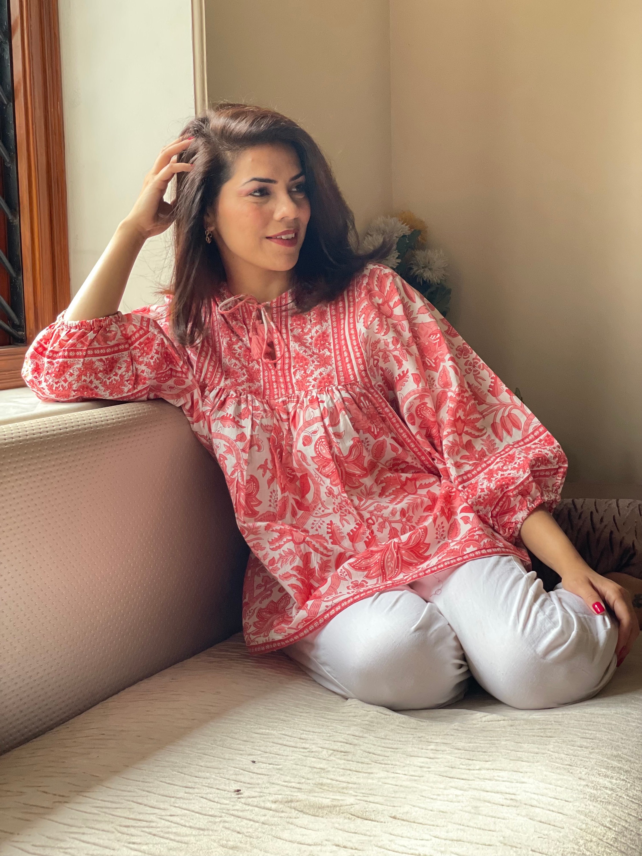 Block Print Coral Floral top| 3/4th Boho sleeves ,puff sleeves| handblock Kurti | tie up neck,mid length kurta | Indian cotton women blouse