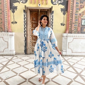 Hand Block Printed Dress Floral Summer Midi Dress Cotton Dress White & Blue Dress Mughal Motif dress Block print Dress with pockets belt image 5