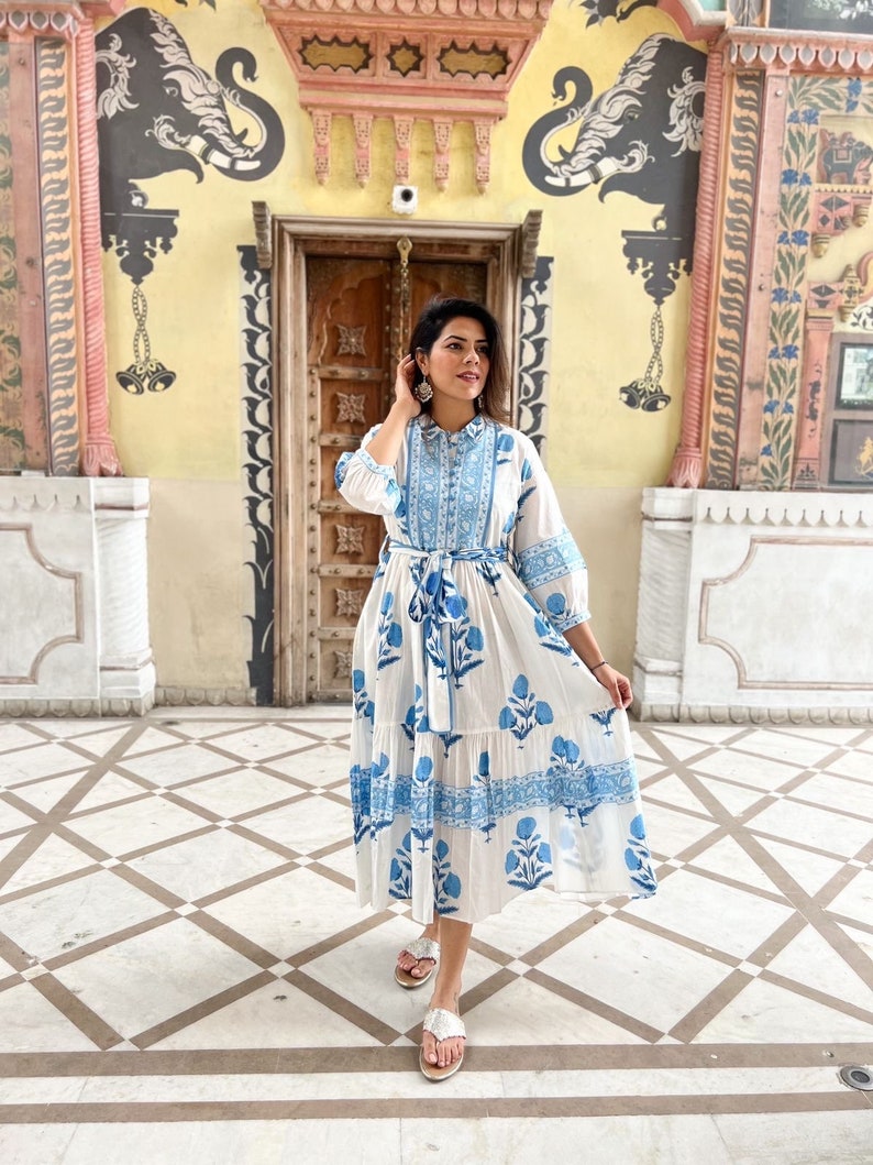 Hand Block Printed Dress Floral Summer Midi Dress Cotton Dress White & Blue Dress Mughal Motif dress Block print Dress with pockets belt image 5