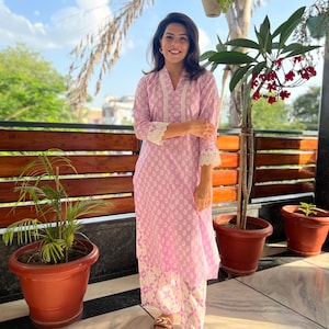 Hand block print Kurta with Pants|Indian Salwar Kameez|Indian cotton suit set for Women|Pink & White Jaipuri Print kurti set of 2