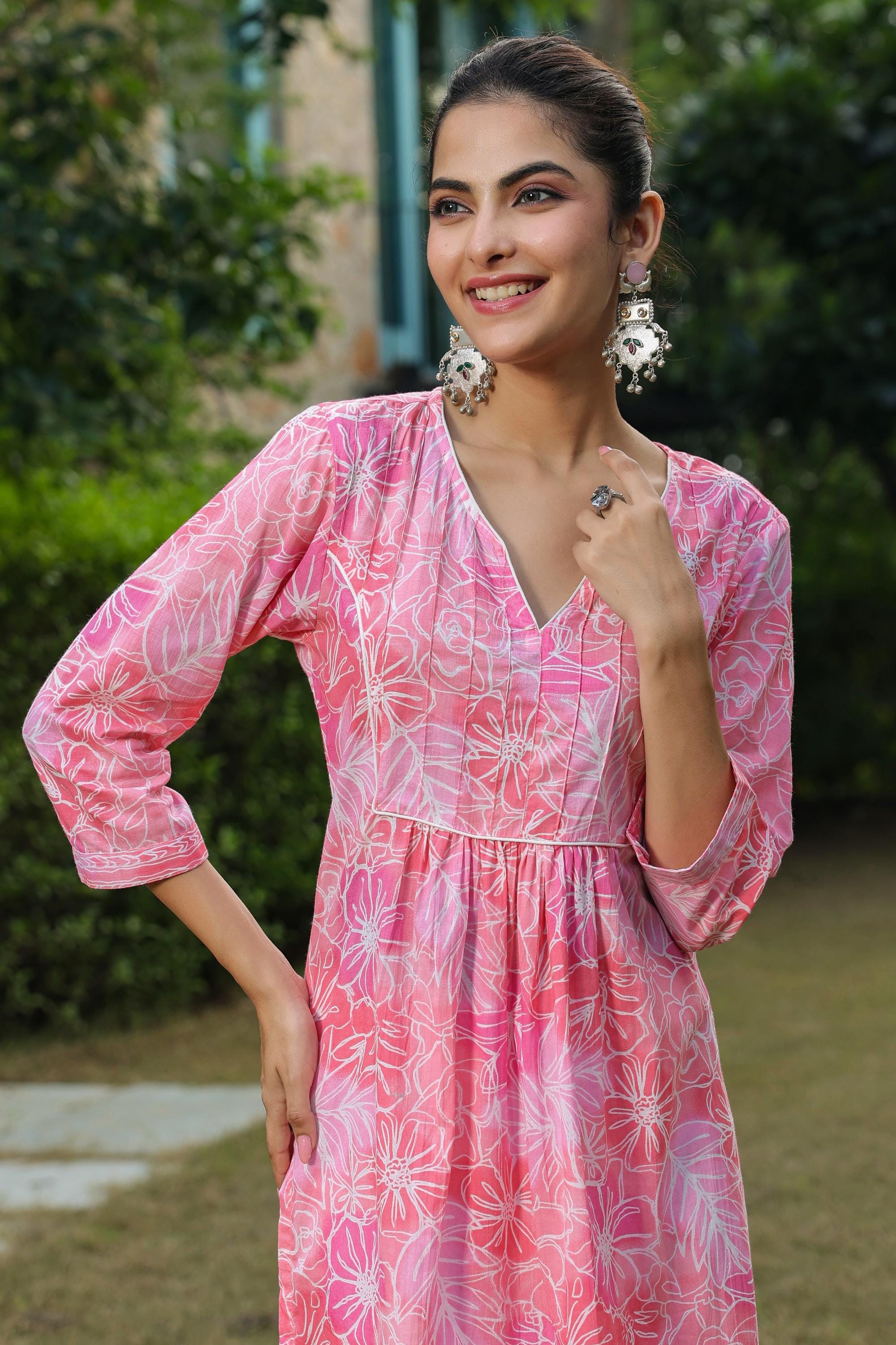Hand block printed cotton top Indian Kurti Jaipuri print women's Pink Cotton kurti Blockprint kurti festive ready to wear top, 3/4 sleeve