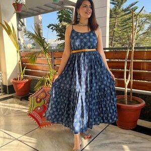 Hand BlockPrint INDIGO Cotton MAXI tier dress with adjustable strapsSummer sleeveless Beach dress Jaipuri Print dress Made in India image 7