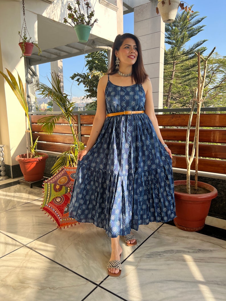 Hand BlockPrint INDIGO Cotton MAXI tier dress with adjustable strapsSummer sleeveless Beach dress Jaipuri Print dress Made in India image 7