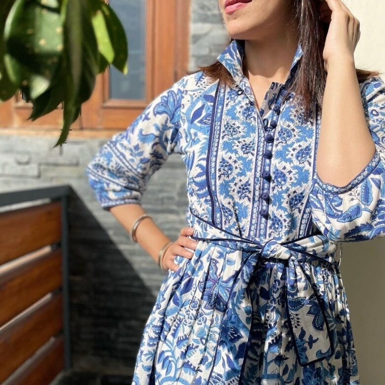 Hand Block Printed Dress Summer Midi Dress Cotton Floral Dress White & Blue Dress Handmade in India Dress with pockets,belt image 5