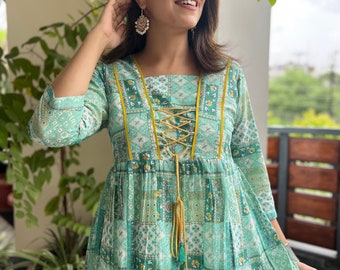 Handblock print Cotton Floral top Jaipuri Print Green Yellow Kurti Indian cotton floral blouse Blockprint women top 3/4sleeves,tie up detail