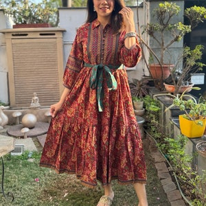 Hand Block Printed Dress Midi Summer Dress Cotton Floral Dress Red Green block print Dress Handmade in India TIER Dress with pockets,belt image 1