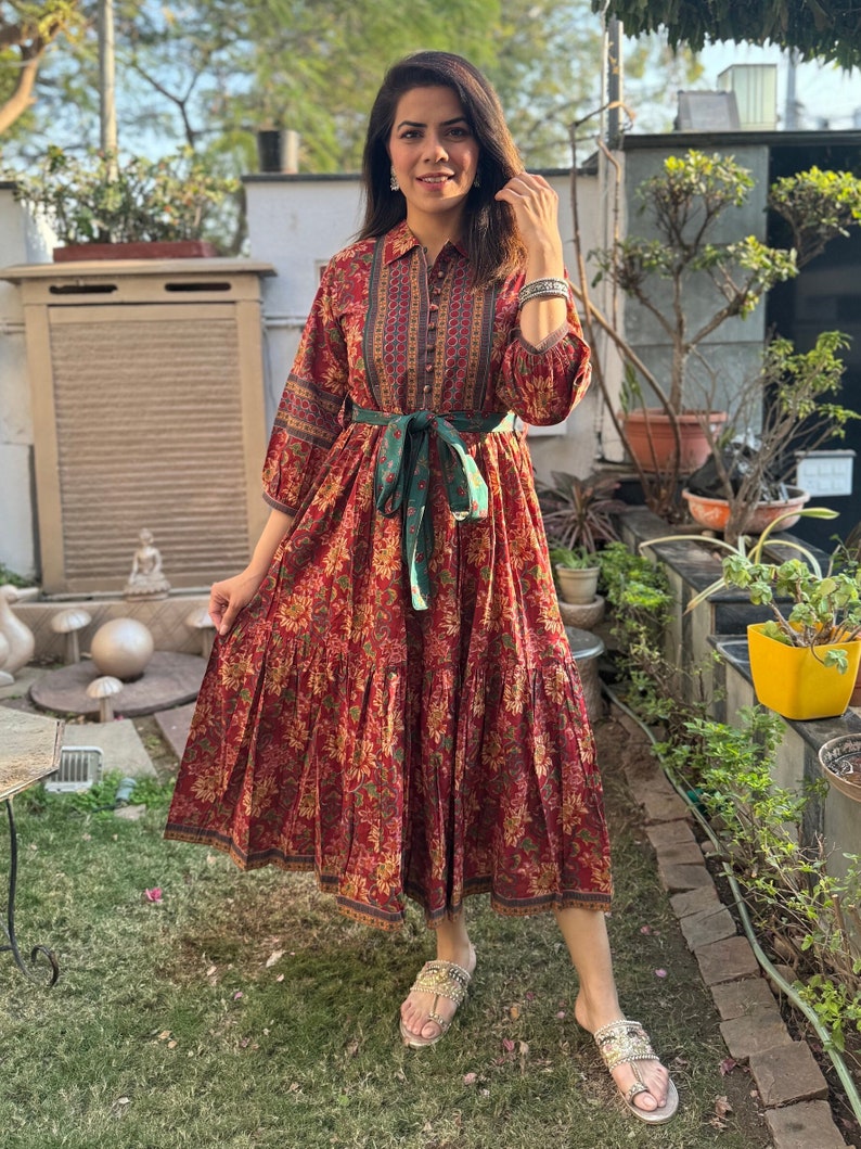 Hand Block Printed Dress Midi Summer Dress Cotton Floral Dress Red Green block print Dress Handmade in India TIER Dress with pockets,belt image 1