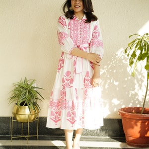 Hand Block Printed Dress Summer Midi Dress Cotton Floral Dress White & Pink Dress Handmade in India Dress with pockets,belt image 1