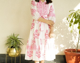 Hand Block Printed Dress | Summer Midi Dress | Cotton Floral Dress | White & Pink Dress| Handmade in India | Dress with pockets,belt