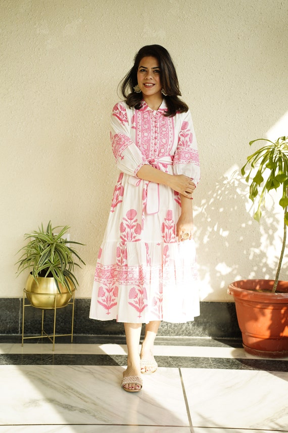 Hand Block Printed Dress | Summer Midi Dress | Cotton Floral