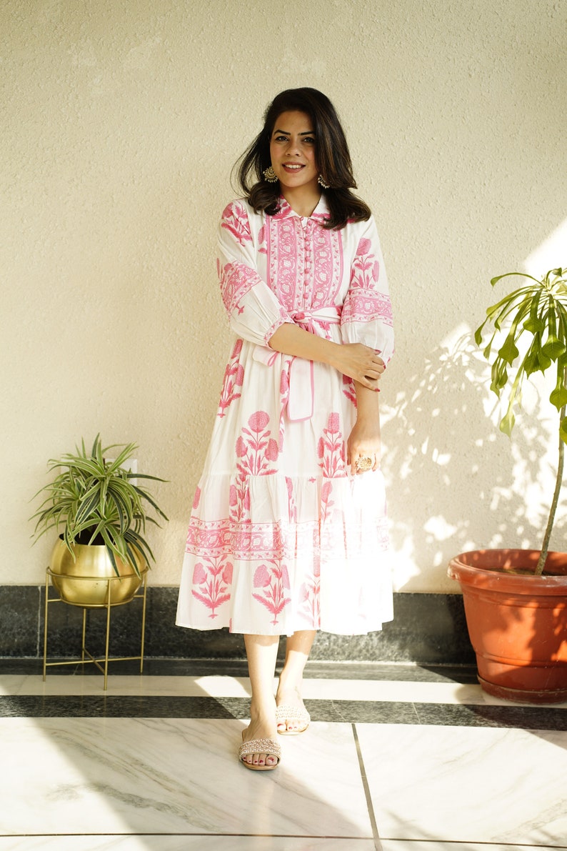 Hand Block Printed Dress Summer Midi Dress Cotton Floral Dress White & Pink Dress Handmade in India Dress with pockets,belt image 1