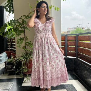 Hand Block Printed Tier Dress | Summer Maxi Dress | Cotton Floral Dress |White Pink dress|Handmade in India |Dress with V neck,smocking