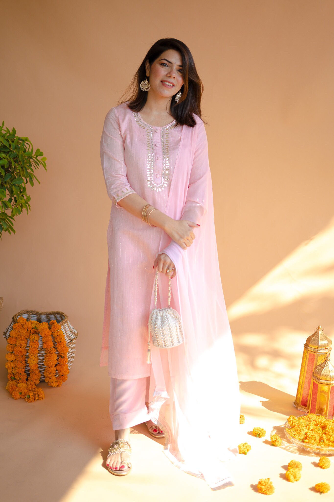 Pink and White Cotton Printed Kurti with Palazzo and Dupatta – Thogai  Threads