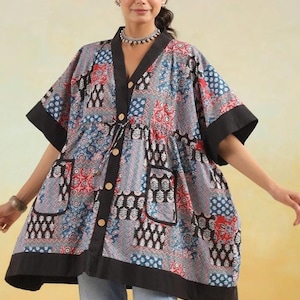 Hand block printed cotton top tunic kaftan handprinted cotton w/pockets tunic loose fitting free size tunic Black Blue Kaftan LimitedEdition