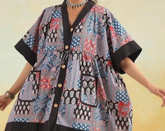 Hand block printed cotton top tunic kaftan handprinted cotton w/pockets tunic loose fitting free size tunic Black Blue Kaftan LimitedEdition