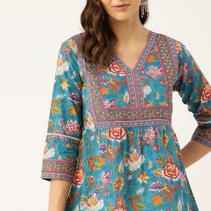 HandBlock Print Blue&White Floral Cotton top|Indian cotton womens Kurti|Jaipuri Print Kurti 3/4 sleeves bohemian top women’s handmade blouse
