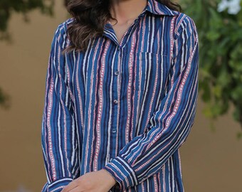 Hand block printed cotton top Jaipuri print women's Shirt Indian cotton blouse Button down  shirt Blue pink striped women's blouse shirt