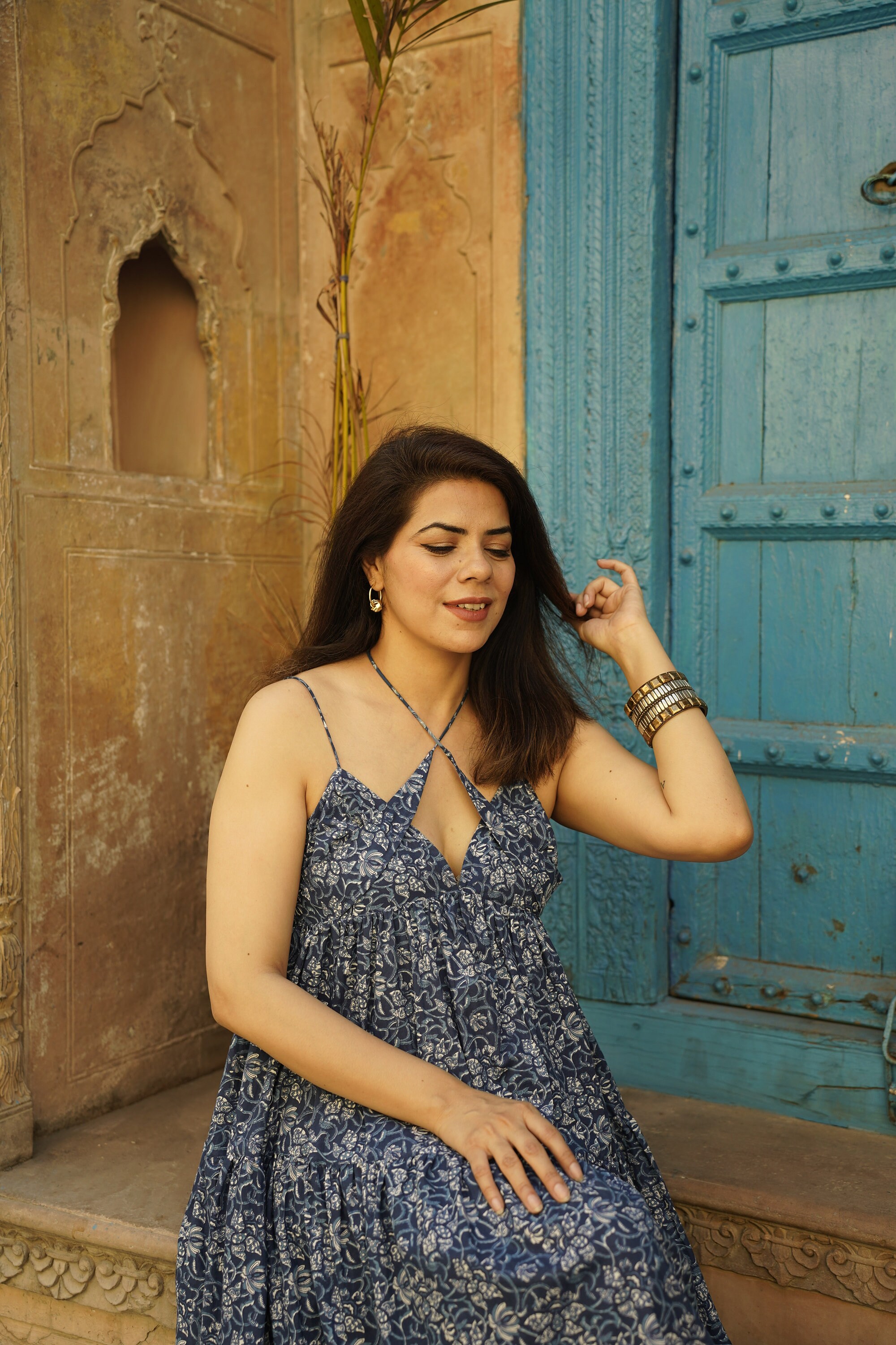 white christmas dresses Buy Indigo Handblock Printed Pure Cotton Dress – Tavsi main image 0
