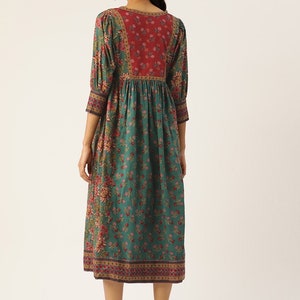 Hand Block Printed Dress Summer MIDI Dress Green Red Cotton floral A line dress ethnic motif block print Dress 3/4th sleeves,handmade dress zdjęcie 2