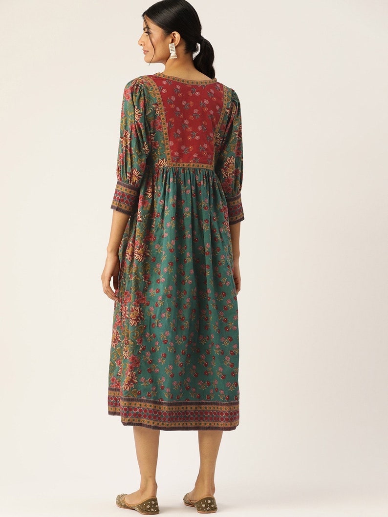 Hand Block Printed Dress Summer MIDI Dress Green Red Cotton floral A line dress ethnic motif block print Dress 3/4th sleeves,handmade dress zdjęcie 2