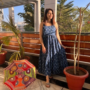 Hand BlockPrint INDIGO Cotton MAXI tier dress with adjustable strapsSummer sleeveless Beach dress Jaipuri Print dress Made in India image 2