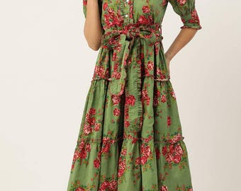 Hand Block Printed Cotton Midi Dress | Floral A line Green Red Tiered Dress